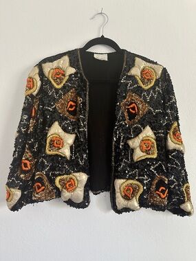 Vintage 80s Embellished Black Sequin Jacket with Gold & Orange Accents